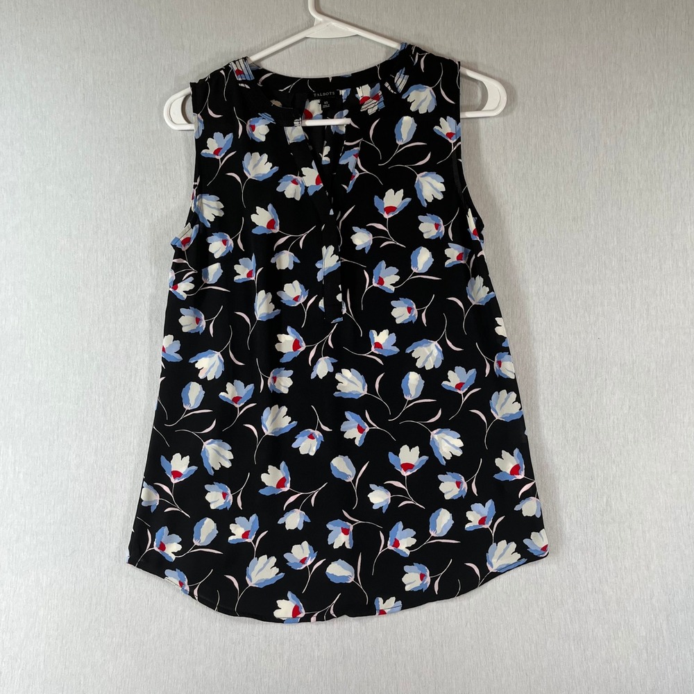 Talbots Blouse Women XS Floral Sleeveless Split Neck Black VN5352 10/19 AOP